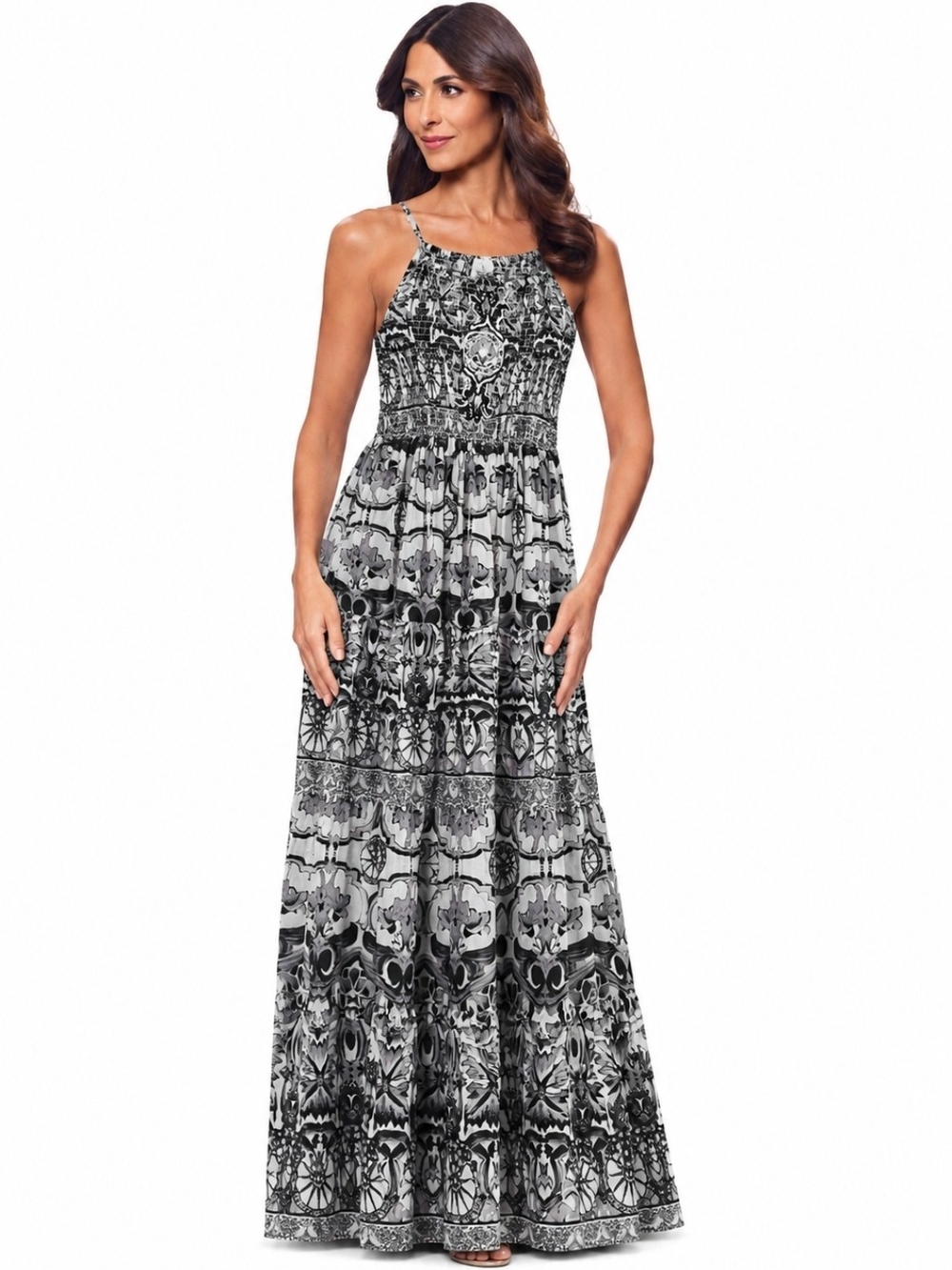 Printed Smocked Maxi Dress in Black & White